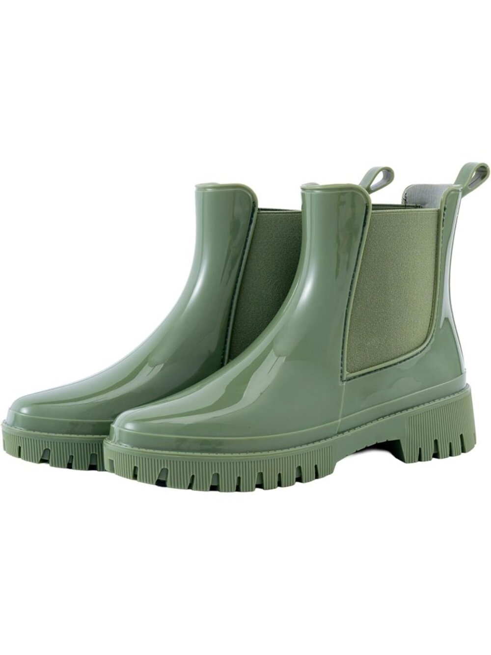 🆕Women's Dark Green Chelsea Rain Boots Waterproof Lug Sole Ankle Shoes